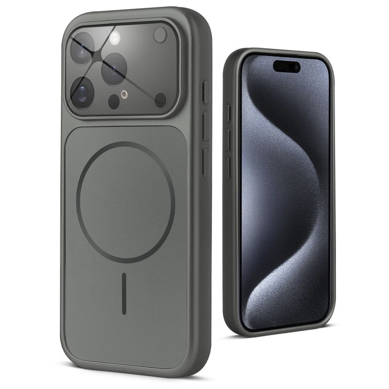 Back view of silver grey MagSafe back cover for iPhone 15 Pro highlighting magnetic ring design and camera protection.