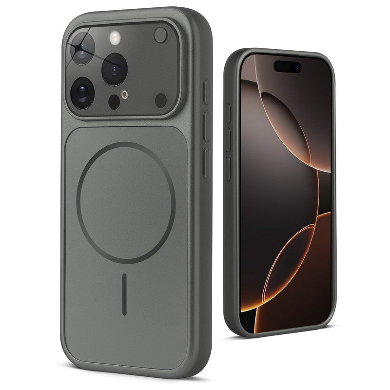Back view of silver grey MagSafe back cover for iPhone 16 Pro highlighting magnetic ring design and camera protection.