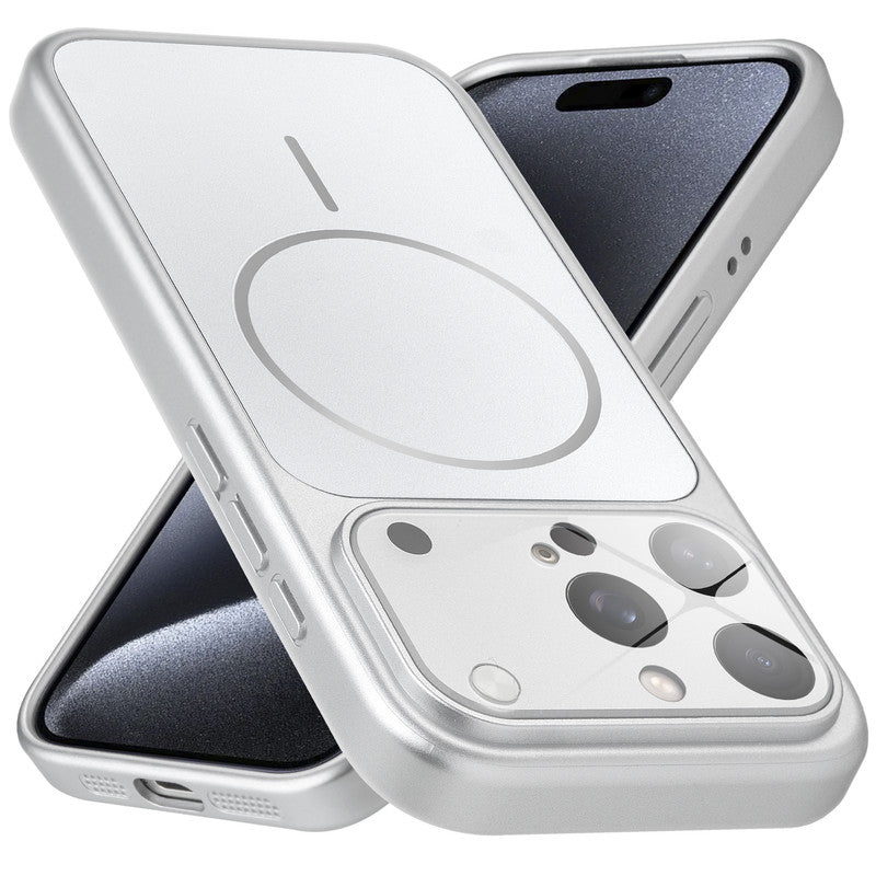 Premium silver converter back cover for iPhone 15 Pro showing the back with magnetic ring, full camera protection, and an iPhone 17–style design.