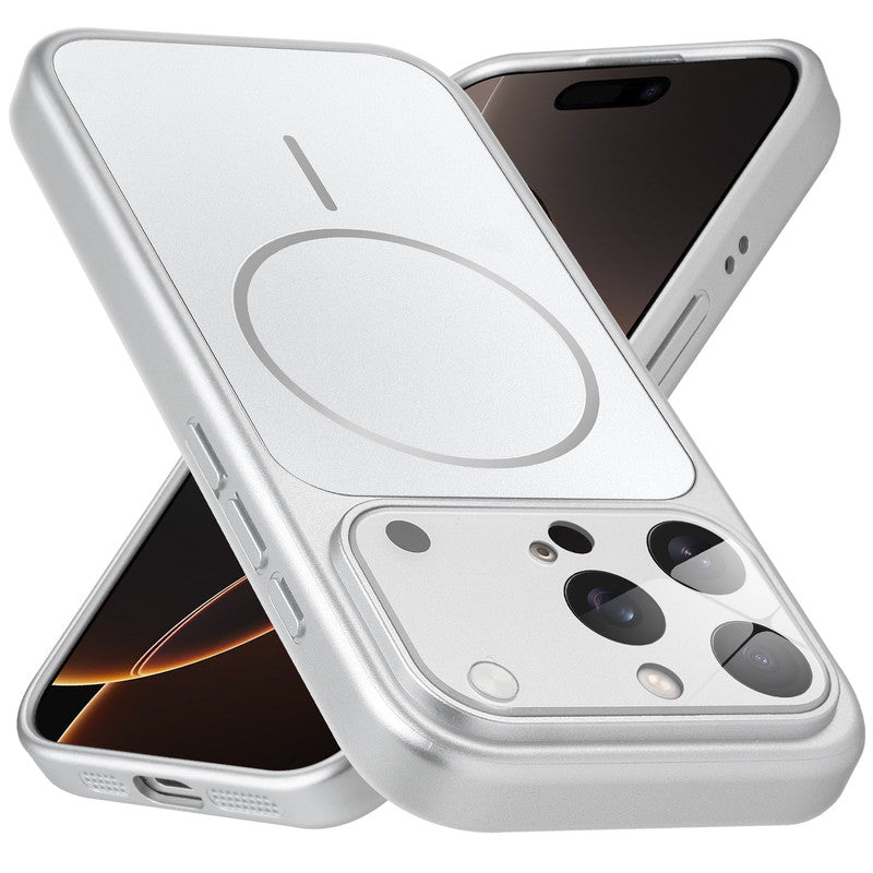 Premium silver converter back cover for iPhone 16 Pro showing the back with magnetic ring, full camera protection, and an iPhone 17–style design.