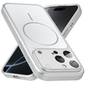 Premium silver converter back cover for iPhone 16 Pro Max showing the back with magnetic ring, full camera protection, and an iPhone 17–style design.