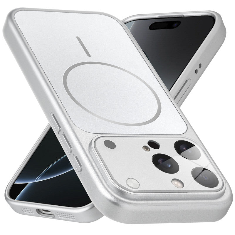 Premium silver converter back cover for iPhone 16 Pro Max showing the back with magnetic ring, full camera protection, and an iPhone 17–style design.