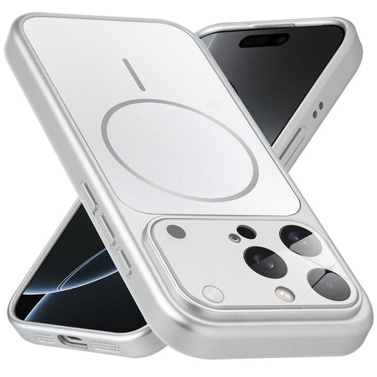 Premium silver converter back cover for iPhone 16 Pro Max showing the back with magnetic ring, full camera protection, and an iPhone 17–style design.