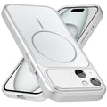 Premium silver converter back cover for iPhone 15 showing the back with magnetic ring, full camera protection, and an iPhone 17–style design.