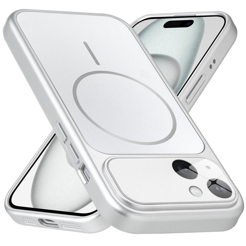 Premium silver converter back cover for iPhone 15 showing the back with magnetic ring, full camera protection, and an iPhone 17–style design.