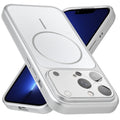 Premium silver converter back cover for iPhone 13 Pro Max showing the back with magnetic ring, full camera protection, and an iPhone 17–style design.