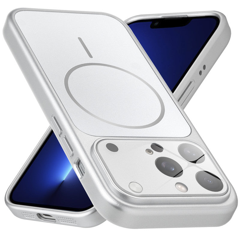 Premium silver converter back cover for iPhone 13 Pro showing the back with magnetic ring, full camera protection, and an iPhone 17–style design.