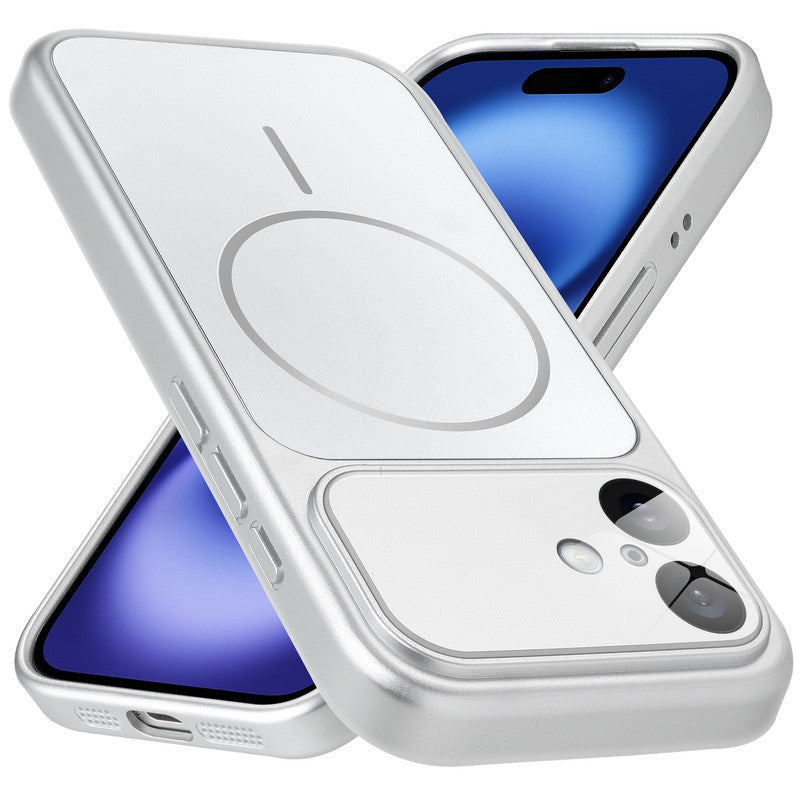 Premium silver converter back cover for iPhone 16 showing the back with magnetic ring, full camera protection, and an iPhone 17–style design.