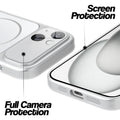 Silver MagSafe back cover for iPhone 15 showing raised edges for full camera protection and screen protection.