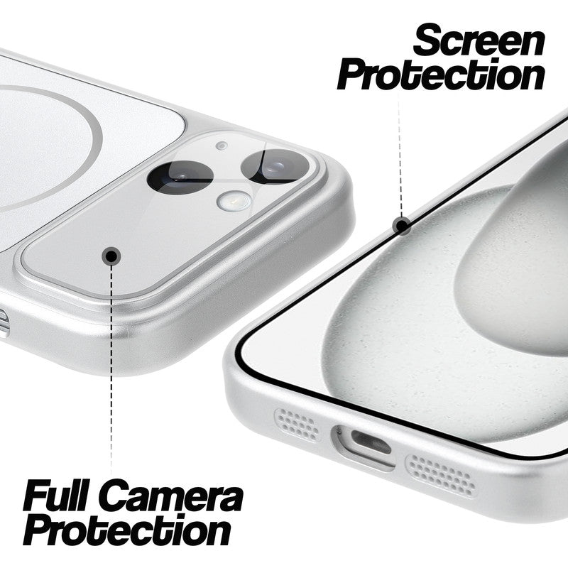 Silver MagSafe back cover for iPhone 15 showing raised edges for full camera protection and screen protection.
