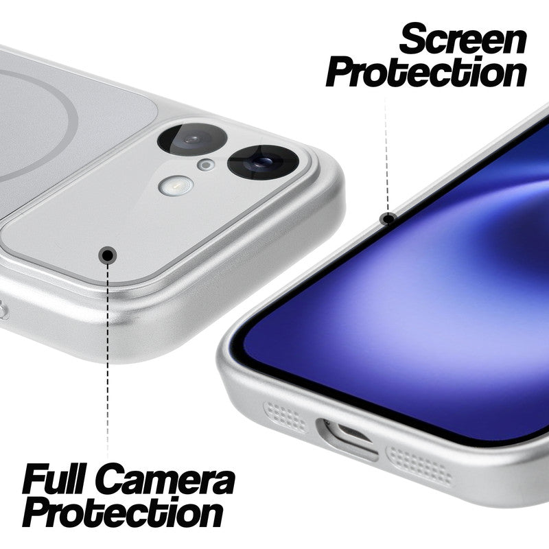 Silver MagSafe back cover for iPhone 16 showing raised edges for full camera protection and screen protection.