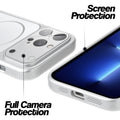 Silver MagSafe back cover for iPhone 13 Pro showing raised edges for full camera protection and screen protection.