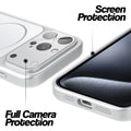 Silver MagSafe back cover for iPhone 15 Pro showing raised edges for full camera protection and screen protection.