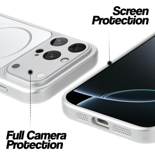 Silver MagSafe back cover for iPhone 16 Pro Max showing raised edges for full camera protection and screen protection.