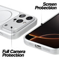 Silver MagSafe back cover for iPhone 16 Pro showing raised edges for full camera protection and screen protection.