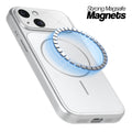 Silver MagSafe compatible back cover for iPhone 15 showing strong magnetic ring for secure MagSafe attachment.