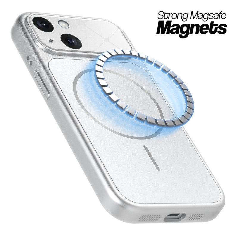 Silver MagSafe compatible back cover for iPhone 15 showing strong magnetic ring for secure MagSafe attachment.