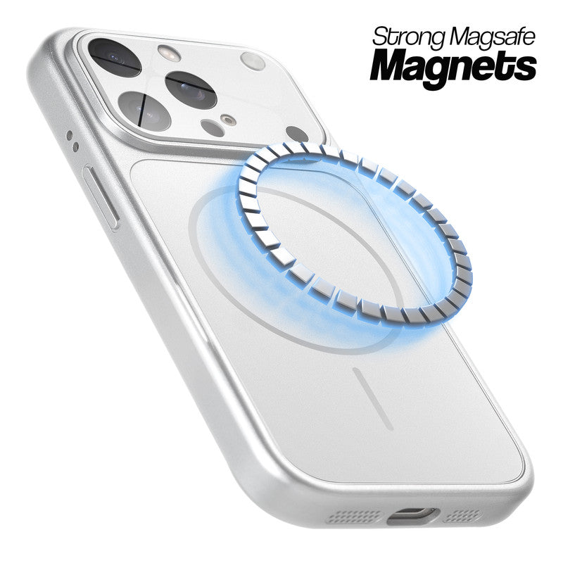 Silver MagSafe compatible back cover for iPhone 13 Pro Max showing strong magnetic ring for secure MagSafe attachment.