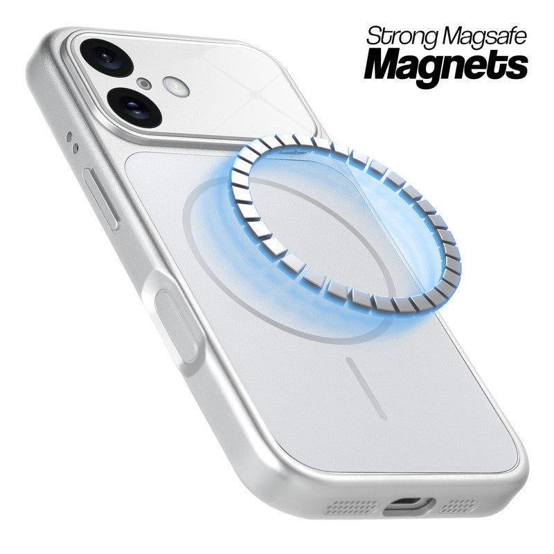 Silver MagSafe compatible back cover for iPhone 16 showing strong magnetic ring for secure MagSafe attachment.