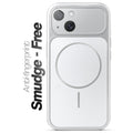 Anti-fingerprint smudge-free silver MagSafe back cover for iPhone 15 with matte finish.