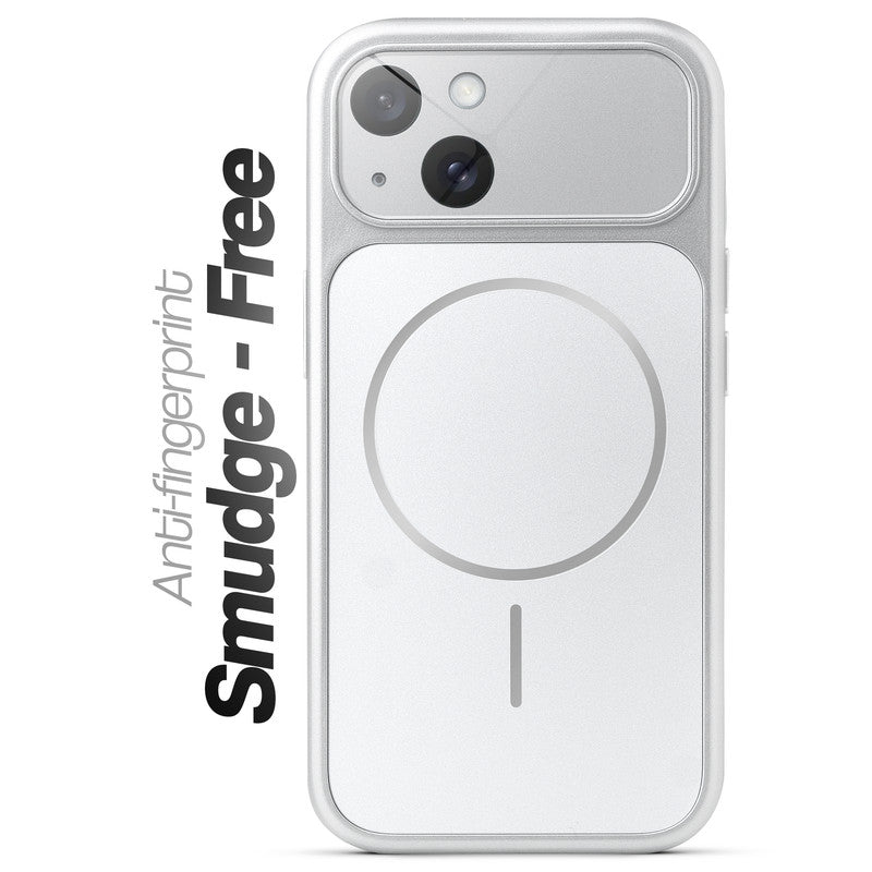 Anti-fingerprint smudge-free silver MagSafe back cover for iPhone 15 with matte finish.