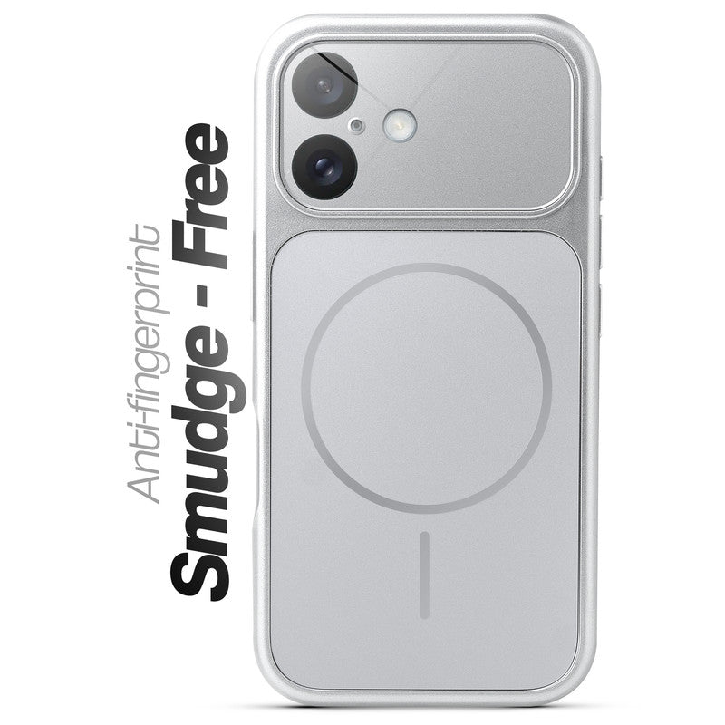 Anti-fingerprint smudge-free silver MagSafe back cover for iPhone 16 with matte finish.