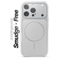 Anti-fingerprint smudge-free silver MagSafe back cover for iPhone 13 Pro Max with matte finish.