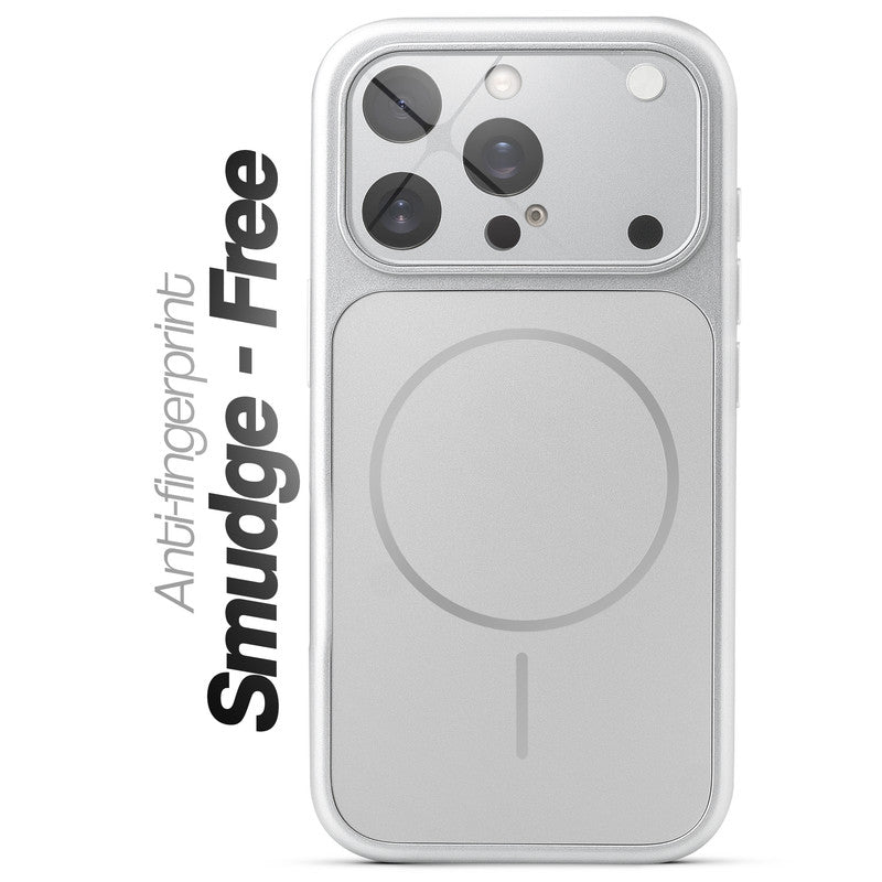 Anti-fingerprint smudge-free silver MagSafe back cover for iPhone 15 Pro with matte finish.
