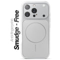 Anti-fingerprint smudge-free silver MagSafe back cover for iPhone 16 Pro with matte finish.