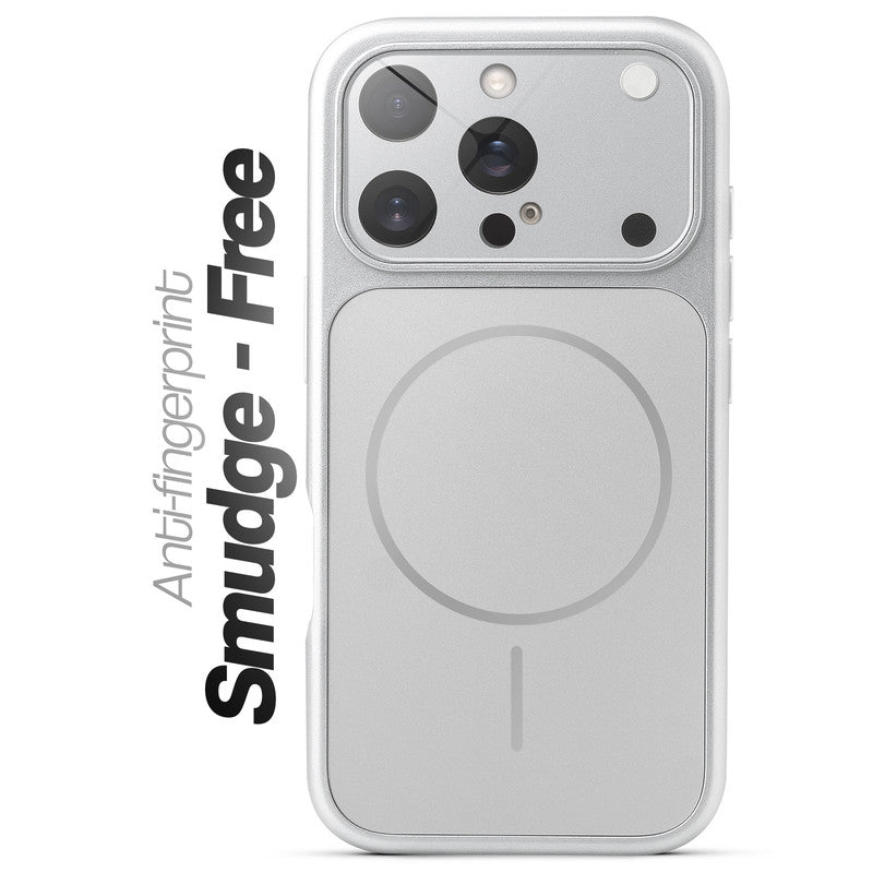 Anti-fingerprint smudge-free silver MagSafe back cover for iPhone 16 Pro with matte finish.