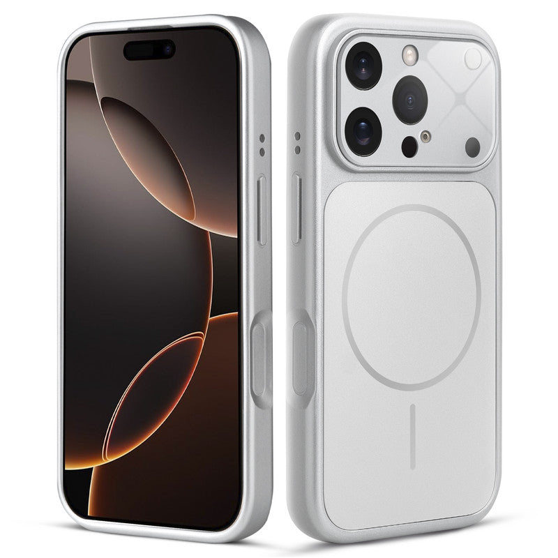 Front and back view of silver MagSafe back cover fitted on iPhone 16 Pro showing slim profile and precise cutouts.