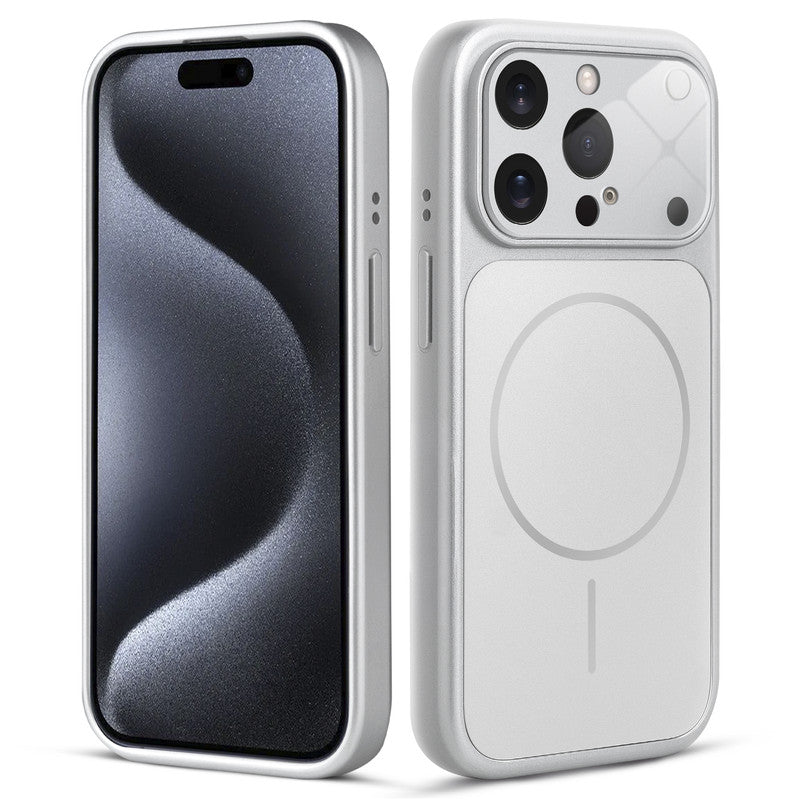 Front and back view of silver MagSafe back cover fitted on iPhone 15 Pro showing slim profile and precise cutouts.