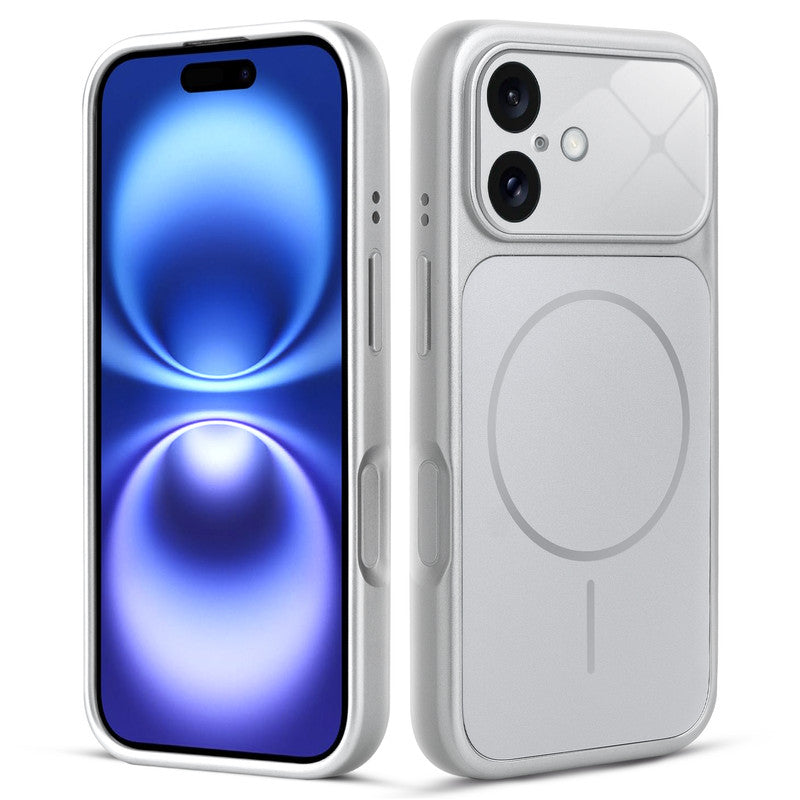 Front and back view of silver MagSafe back cover fitted on iPhone 16 showing slim profile and precise cutouts.