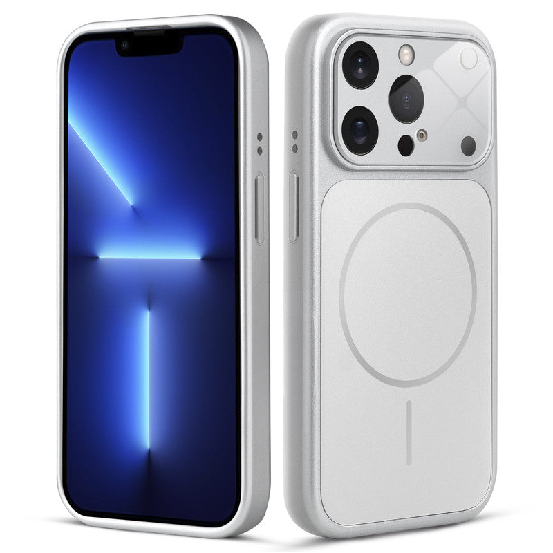 Front and back view of silver MagSafe back cover fitted on iPhone 13 Pro showing slim profile and precise cutouts.