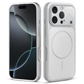 Front and back view of silver MagSafe back cover fitted on iPhone 16 Pro Max showing slim profile and precise cutouts.