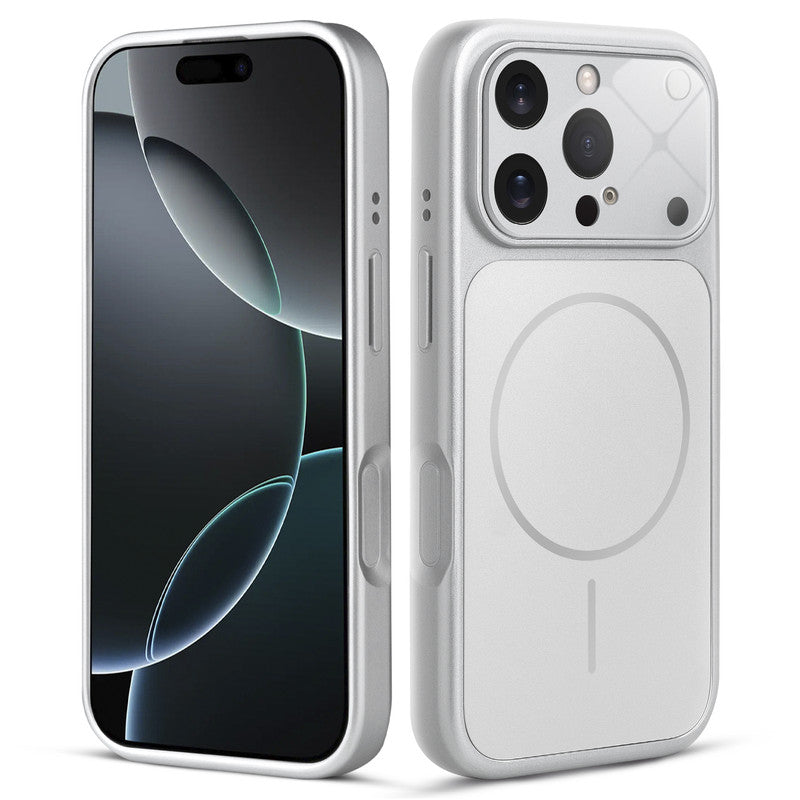 Front and back view of silver MagSafe back cover fitted on iPhone 16 Pro Max showing slim profile and precise cutouts.