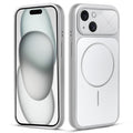 Front and back view of silver MagSafe back cover fitted on iPhone 15 showing slim profile and precise cutouts.