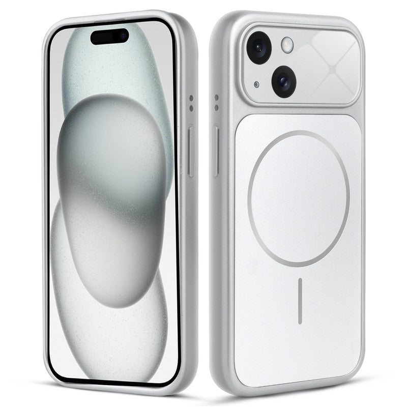 Front and back view of silver MagSafe back cover fitted on iPhone 15 showing slim profile and precise cutouts.