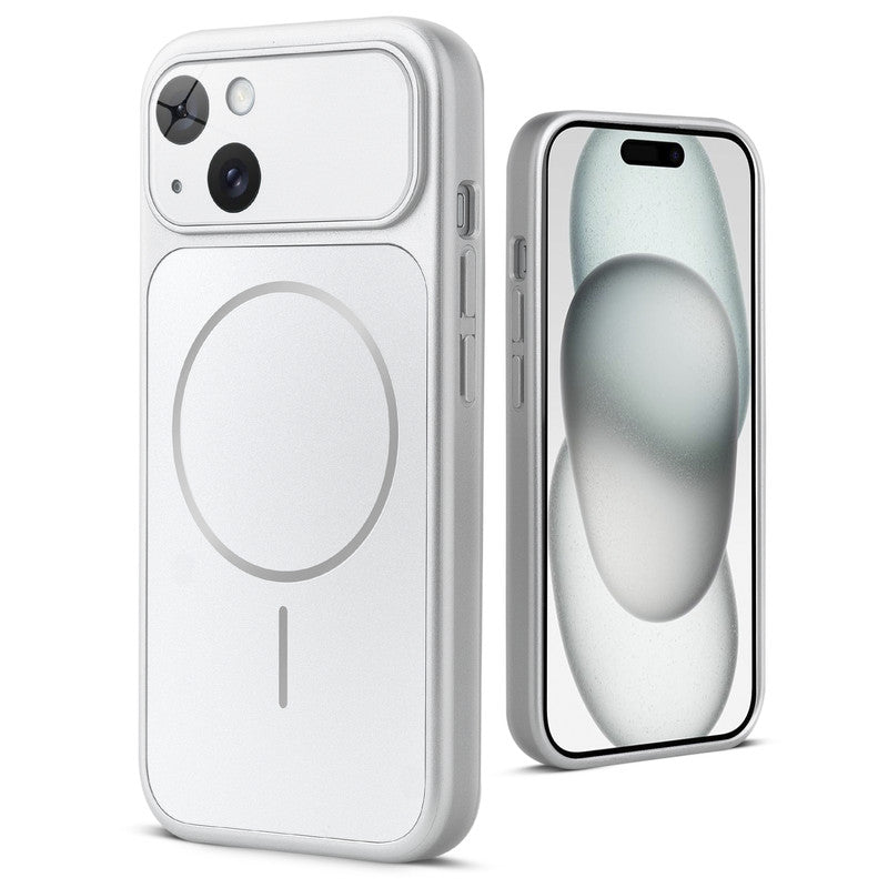 Back view of silver MagSafe back cover for iPhone 15 highlighting magnetic ring design and camera protection.
