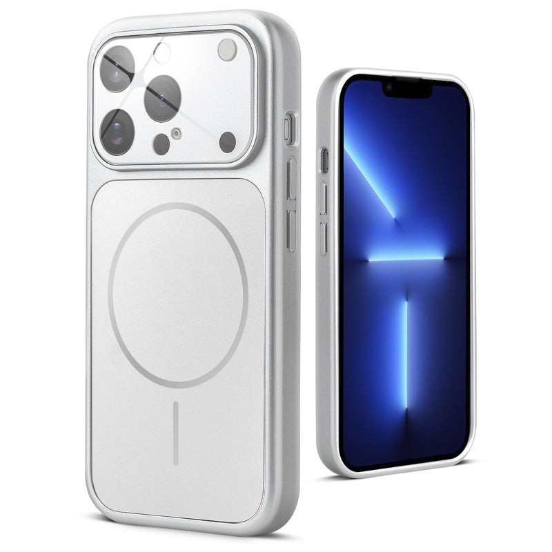 Back view of silver MagSafe back cover for iPhone 13 Pro Max highlighting magnetic ring design and camera protection.