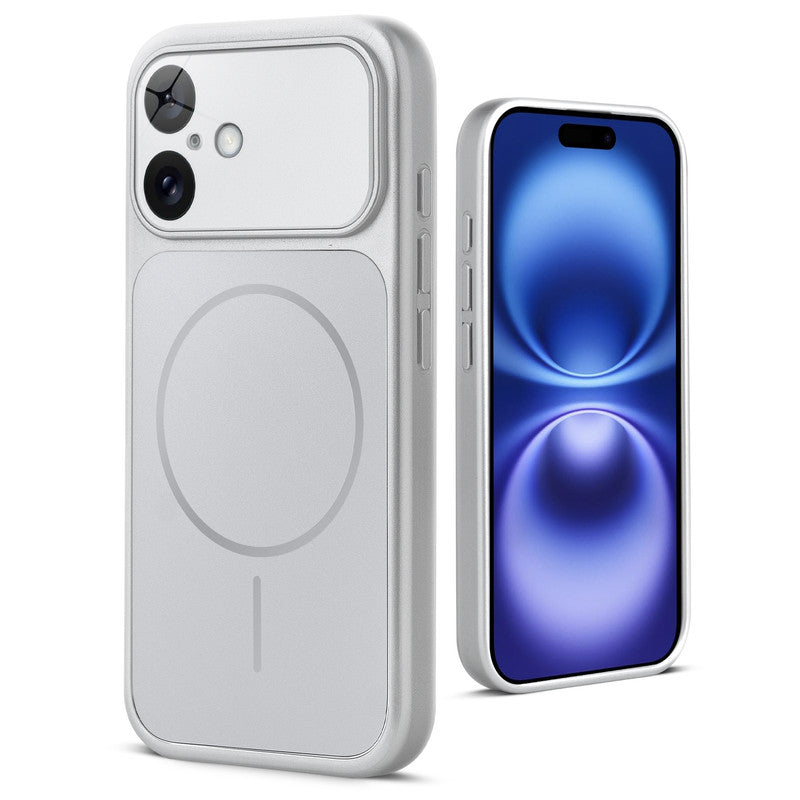 Back view of silver MagSafe back cover for iPhone 16 highlighting magnetic ring design and camera protection.