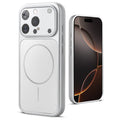 Back view of silver MagSafe back cover for iPhone 16 Pro highlighting magnetic ring design and camera protection.