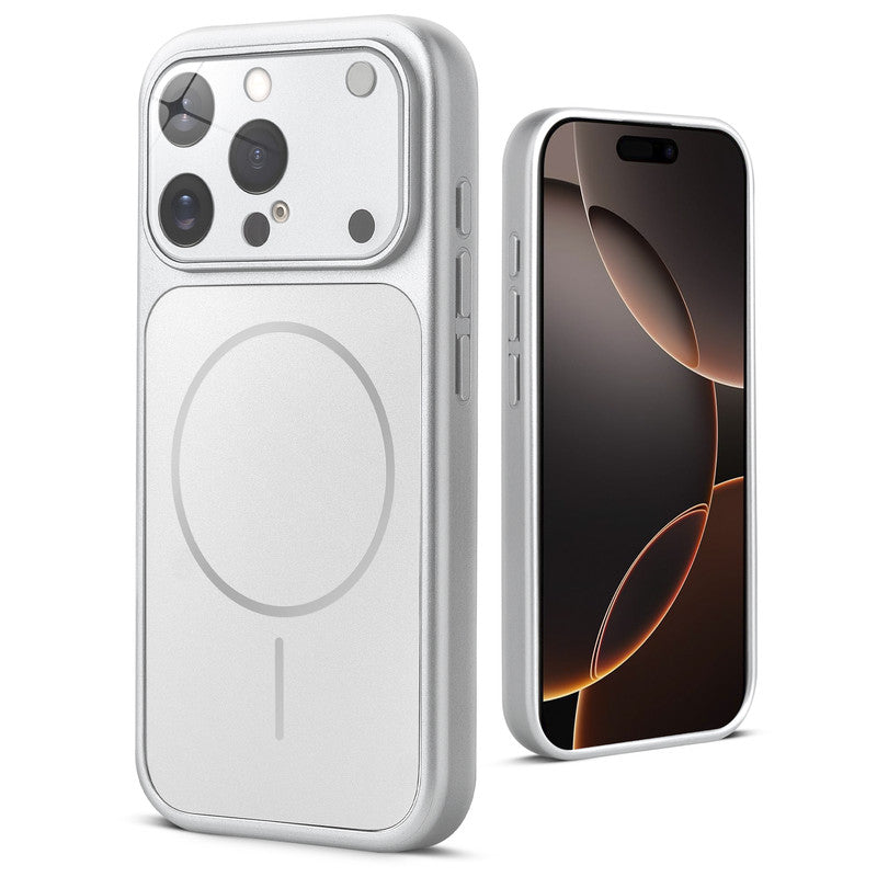 Back view of silver MagSafe back cover for iPhone 16 Pro highlighting magnetic ring design and camera protection.