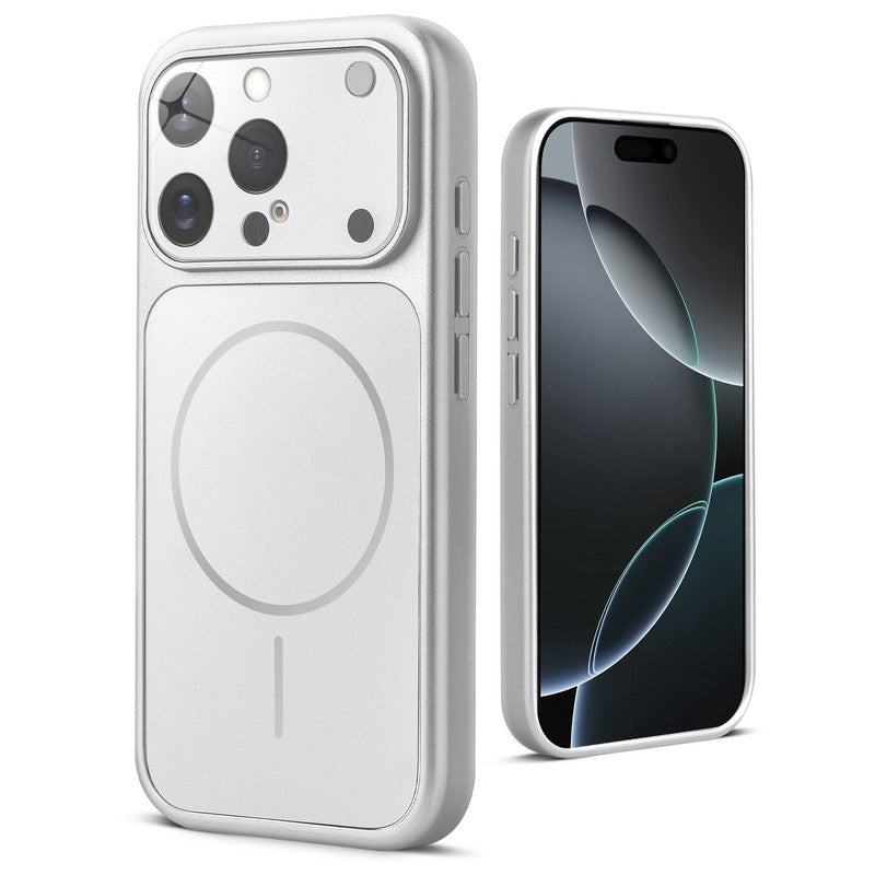 Back view of silver MagSafe back cover for iPhone 16 Pro Max highlighting magnetic ring design and camera protection.