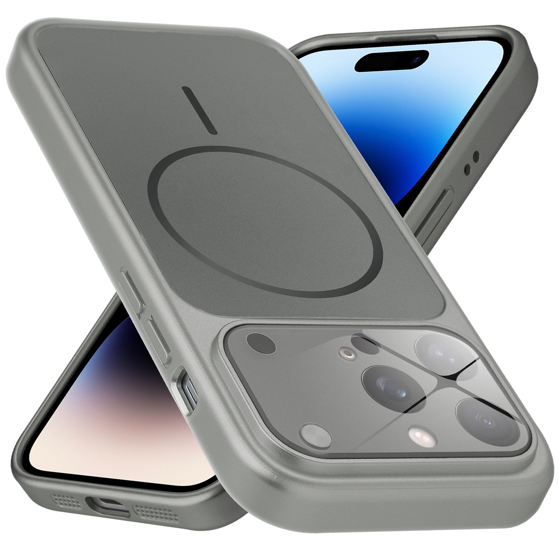 Premium silver grey converter back cover for iPhone 14 Pro Max showing the back with magnetic ring, full camera protection, and an iPhone 17–style design.