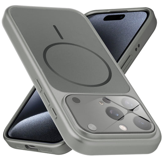 Premium silver grey converter back cover for iPhone 15 Pro Max showing the back with magnetic ring, full camera protection, and an iPhone 17–style design.