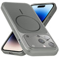 Premium silver grey converter back cover for iPhone 14 Pro showing the back with magnetic ring, full camera protection, and an iPhone 17–style design.