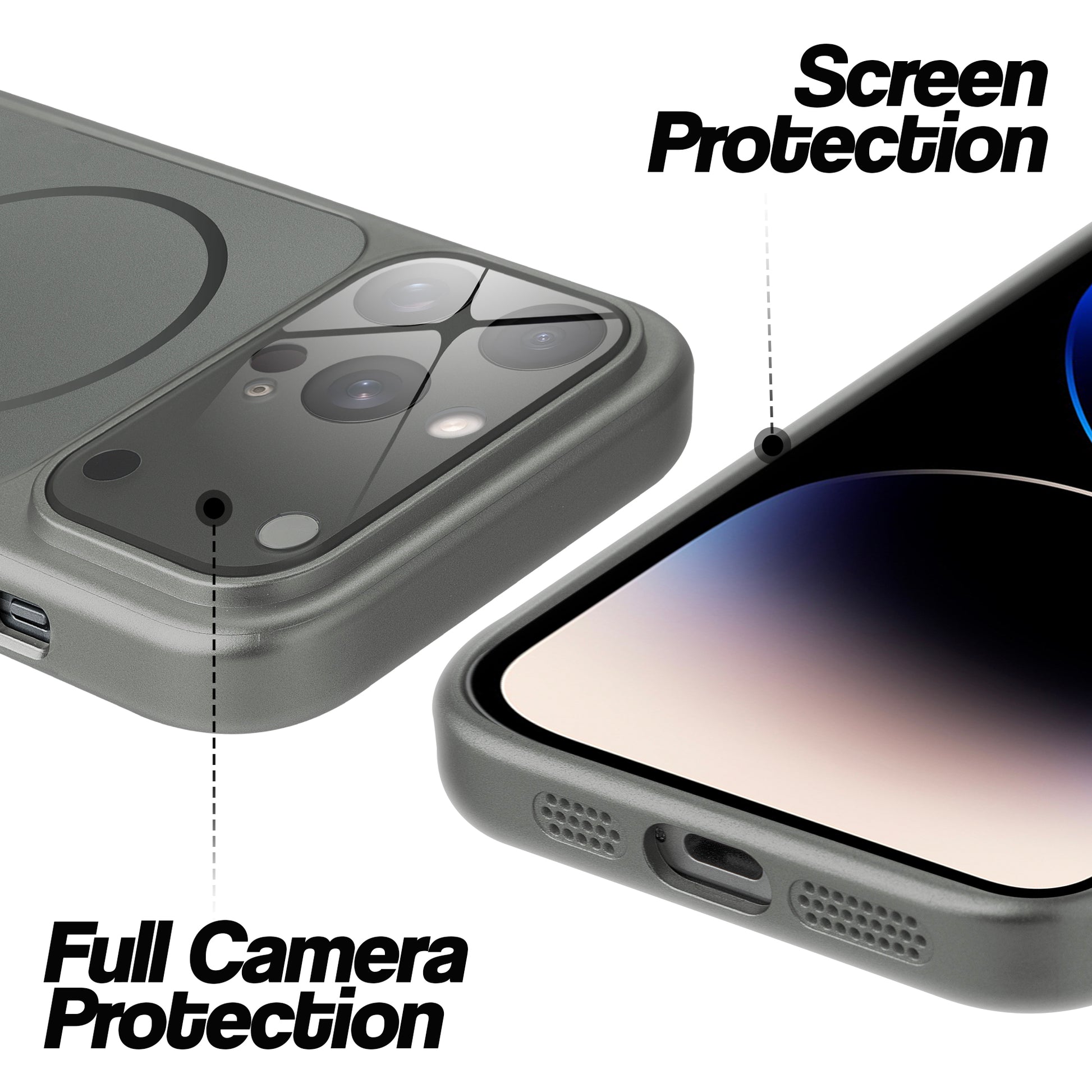Silver Grey MagSafe back cover for iPhone 14 Pro Max showing raised edges for full camera protection and screen protection.
