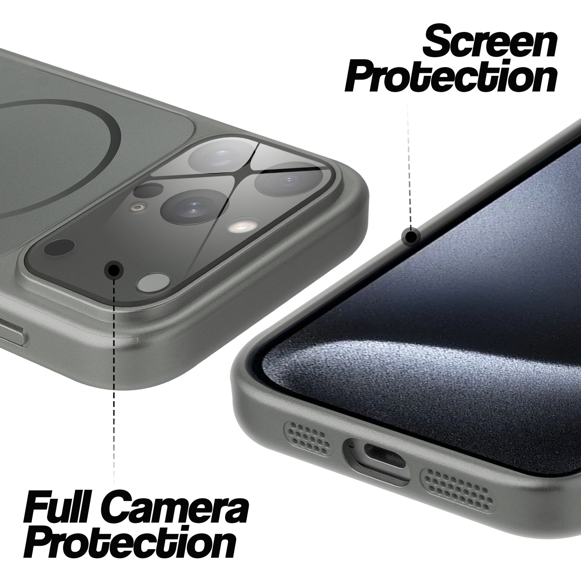 Silver Grey MagSafe back cover for iPhone 15 Pro Max showing raised edges for full camera protection and screen protection.