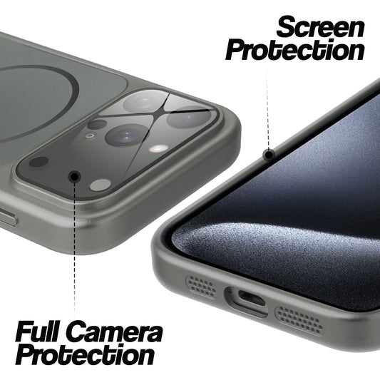 Silver Grey MagSafe back cover for iPhone 15 Pro Max showing raised edges for full camera protection and screen protection.